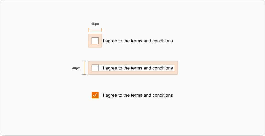 A checkbox component using invisible padding to reach the target size of 48px